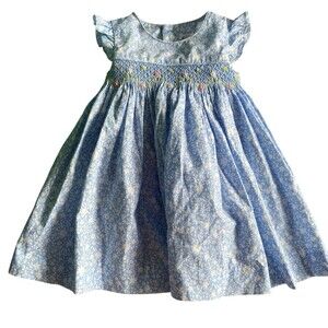 Edgehill Collection Girls Blue Floral Smocked Dress 6M Embroidered Ruffle Sleeve